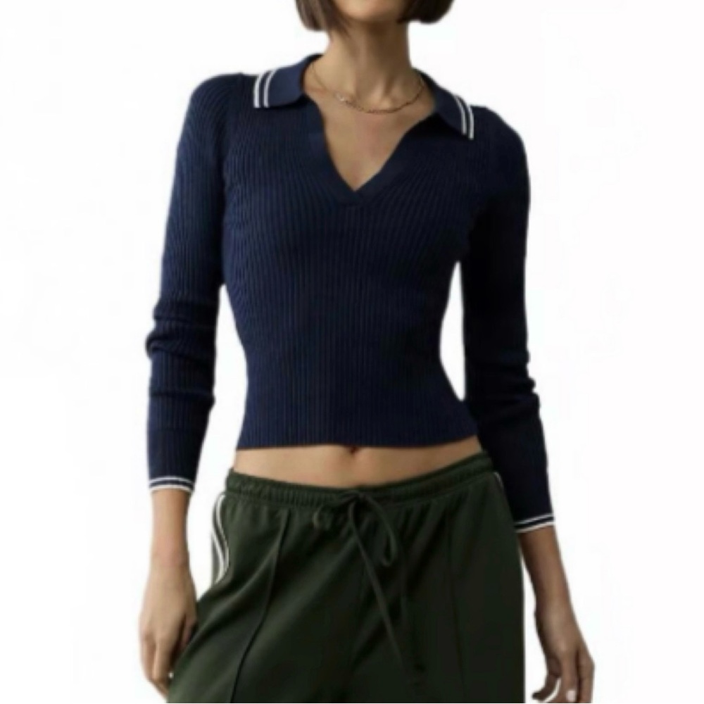 American Eagle Navy Long Sleeve Collared Polo Sweater